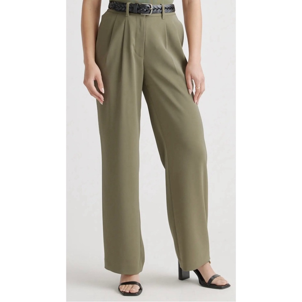 Quince pleated draped wide leg trouser suit pants olive army green L but fits M